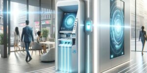 a bright and modern image representing the future of ATM technology. This visualization captures a sleek, advanced ATM integrated with digital features like a touchscreen interface and biometric security, set in a well-lit and welcoming urban environment. The scene shows a diverse group of people using the ATM, emphasizing accessibility and innovation in financial technology.