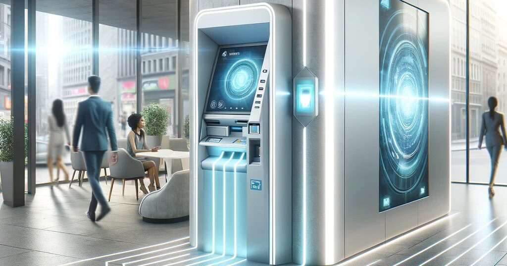  a bright and modern image representing the future of ATM technology. This visualization captures a sleek, advanced ATM integrated with digital features like a touchscreen interface and biometric security, set in a well-lit and welcoming urban environment. The scene shows a diverse group of people using the ATM, emphasizing accessibility and innovation in financial technology. 