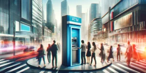 People flocking around an ATM machine to make money from the business