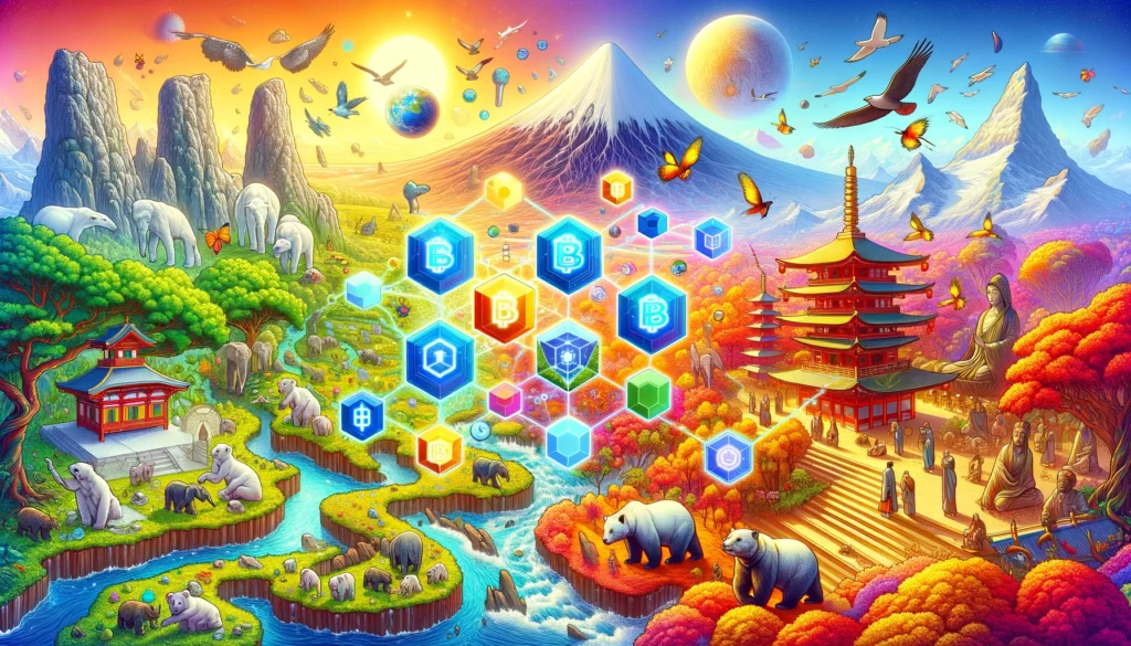 vibrant and colorful scene integrates symbols of blockchain technology with elements of nature and global culture, including polar caps, volcanoes, wildlife, and ancient temples