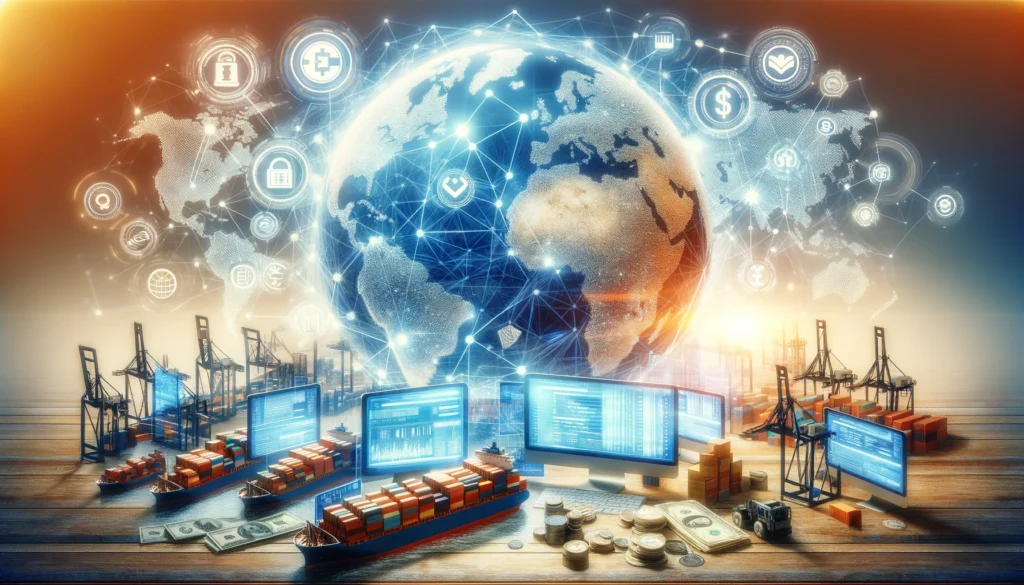 elements of global finance and technology, featuring digital networks and global maps, along with symbols of commerce like shipping containers and currency symbols