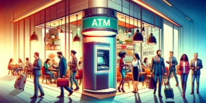 vibrant scene within a cafe where an ATM is prominently used by a diverse group of customers
