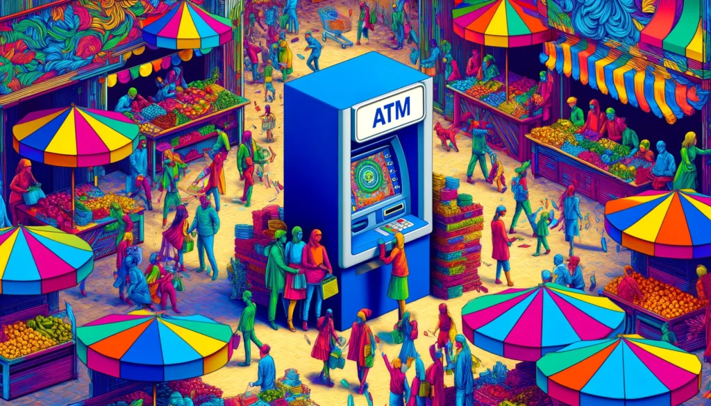 a festive outdoor market scene with an ATM