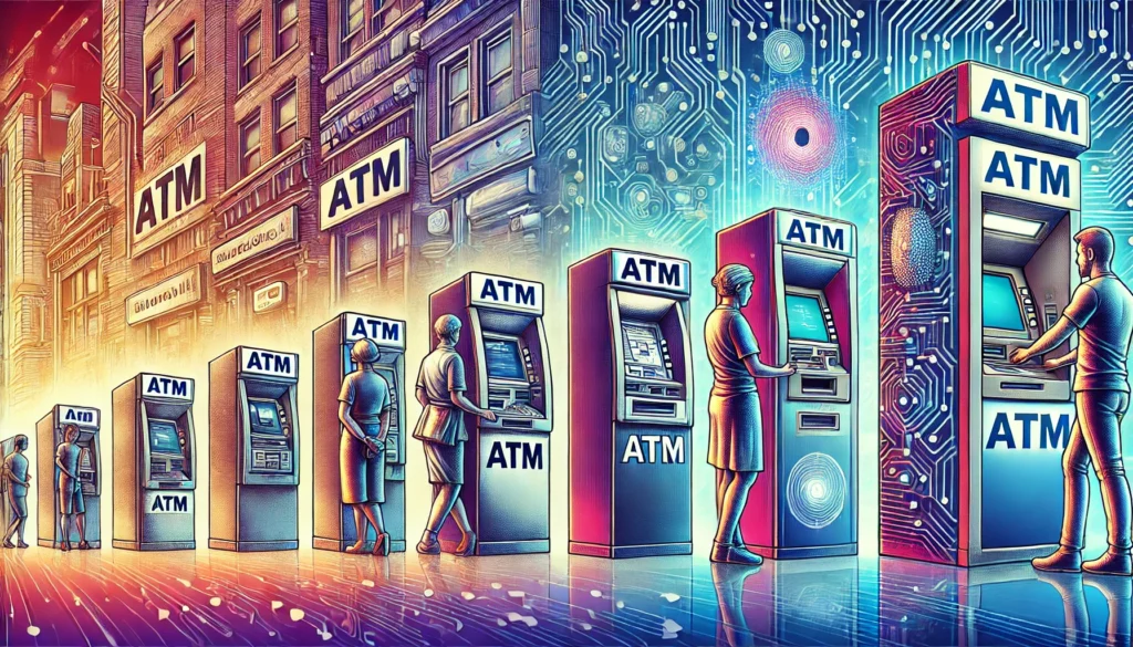 illustration vividly depicts the evolution of ATM technology, from traditional designs to modern, biometric-secured machines