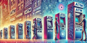 illustration vividly depicts the evolution of ATM technology, from traditional designs to modern, biometric-secured machines