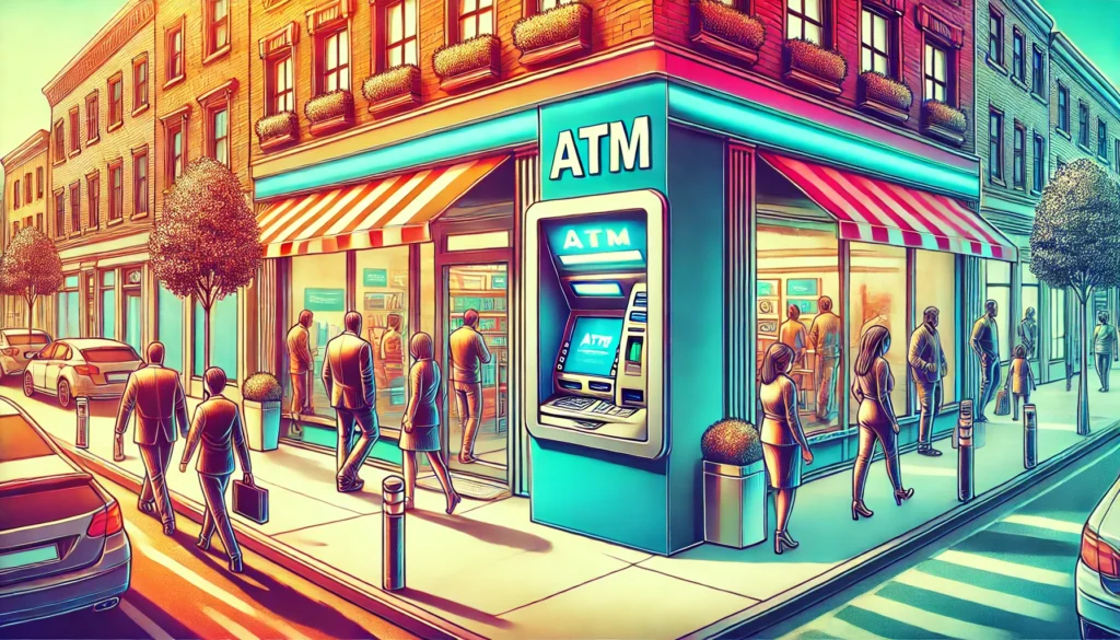 modern ATM outside a retail store, capturing its role in increasing foot traffic and providing various financial services