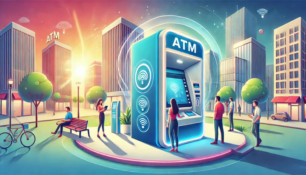 ATMs equipped with sophisticated technologies. The illustration is set in a brightly lit urban plaza, showcasing diverse individuals interacting with the advanced ATM.