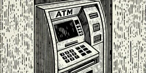 Linocut style pictures of an ATM machine