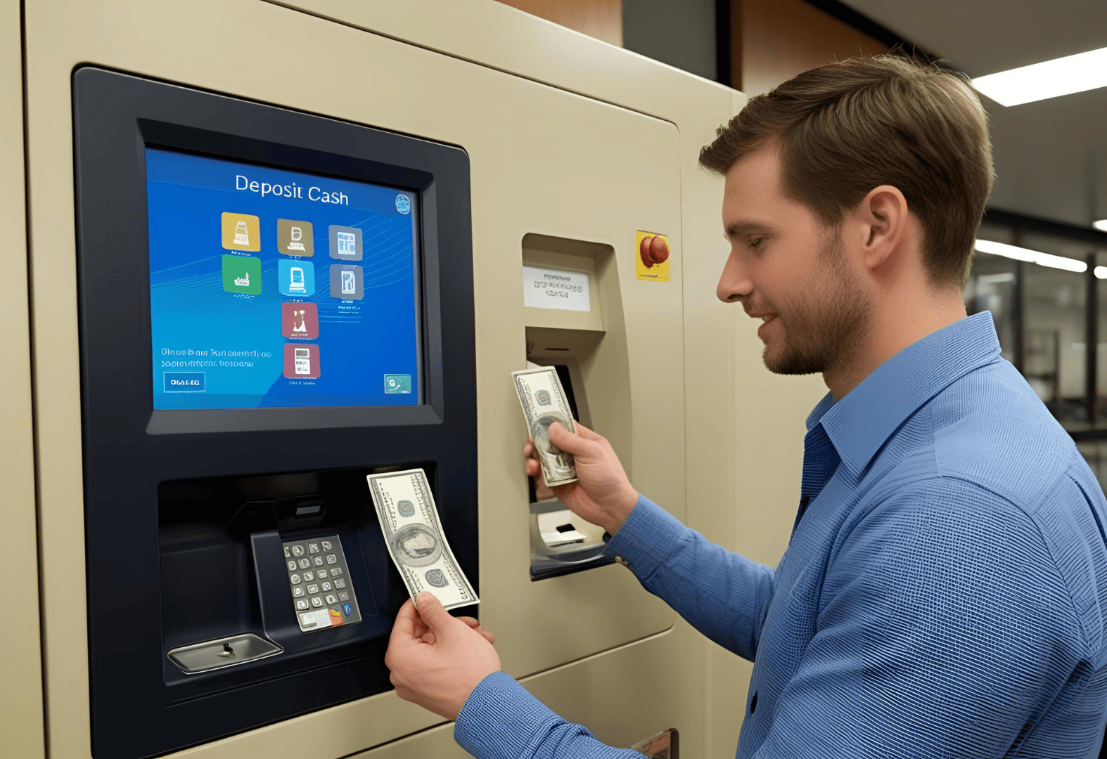 Man depositing cash into a cash deposit machine