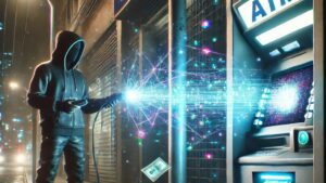 Hacker jackpotting an ATM using RMS hack