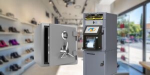traditional safe and a smart safe with retail store background