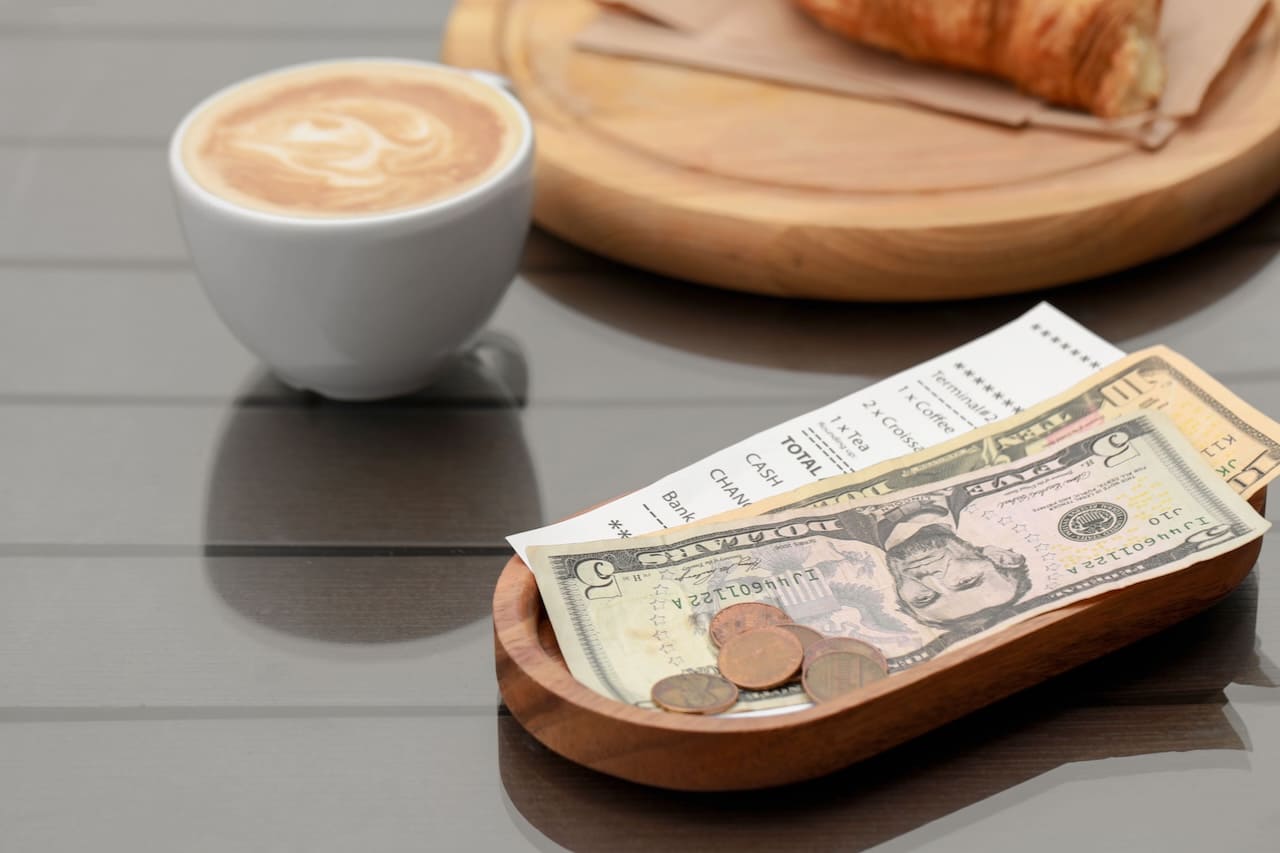 cash tips with receipt cup of coffee and pastry